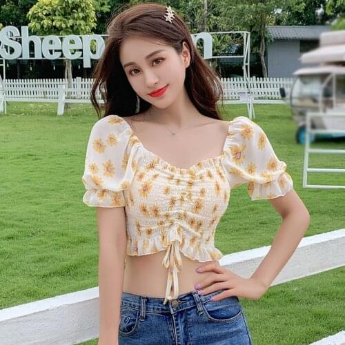 Women\s Floral Print Slash Neck Sexy Sweet Pleated Exposed Navel Short Sleeve Chiffon Shirt 2020