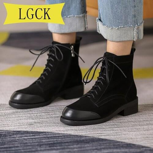Plus Size 34-43 Women Shoes Genuine Leather Female Short Boots Suede Women Booties British Lace Retro Trend Women Naked Boots