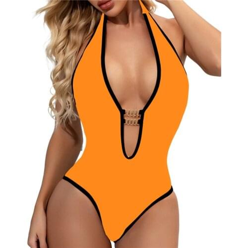 2021 Swimwear Women One Piece Halter Monokini Swimwear Deep V Neck Cut Out Open Back Swimsuits Beach One Piece Bikini Biquinis
