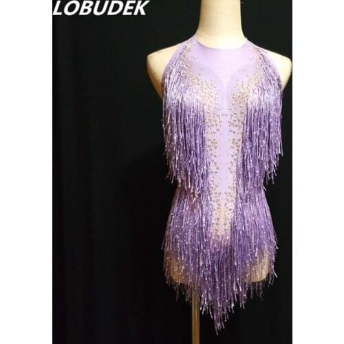 Purple Red Tassels Bodysuit Sparkly Crystals Backless Bodysuits Bar Women Singer DJ Costume Models Catwalk Latin Stage Outfit