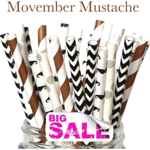 100pcs Mixed Colors MOVEMBER MUSTACHES Drinking Paper Straws,Black Mustache,Chevron,Brown Stripe,Silver Dot,Bachelor Party,Boy