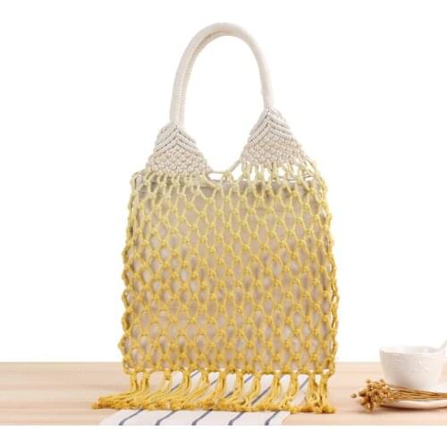 28x48CM New Gradient One-shoulder Woven Bag Trend Female Natural Style Straw Bag Handmade Cotton Rope Net Pocket Beach Bag a7281