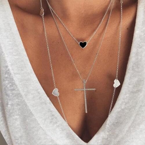 3 Pcs/Set Women Necklace Simple Heart Cross Pendant Silver Color Long Necklace Set Beautiful Girl Beach Party Jewelry s