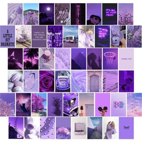 50pcs Purple Theme Wall Art Collage Kit Aesthetic Picture Cloud Train Inspirational Quote Romanticism Photo Girls Bedroom Decor