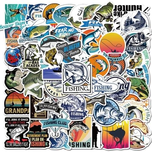 50pcs Fisherman Go Fishing Stickers For Laptop Suitcase Boat Decoration Fishing Tackle Flask Sticker Waterproof Computer Sticker