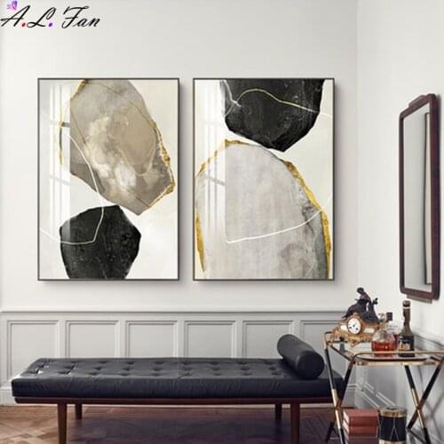 Abstract geometric block color poster printing canvas golden marble wall frames for living room home decor