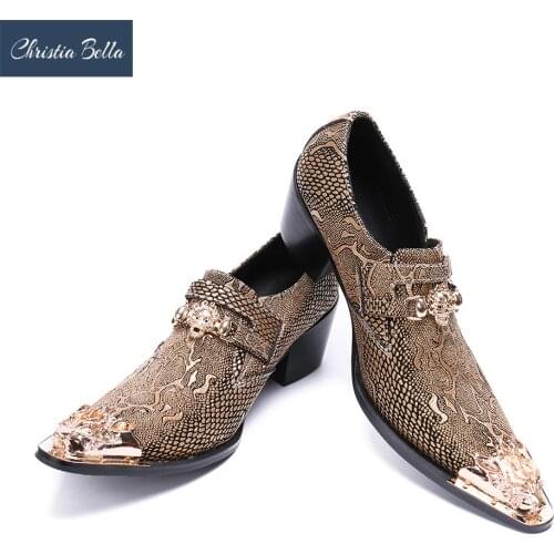Christia Bella Business Men Dress Shoes Genuine Leather Pointed Toe Wedding Formal Shoes Metal Toes Office High Heels Shoes