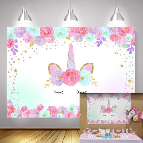 Unicorn Photography Backdrop Kids Baby Birthday Party Background Decoration Floral Newborn Unicorn Photo Shoot Watercolor Flower