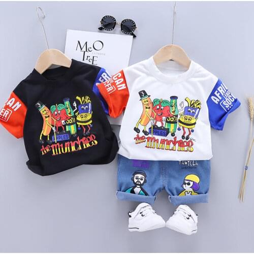 Toddler Baby Clothes Outfit Baby Boy 2021 Summer Cartoon Print Short Sleeve T Shirt+Denim Shorts 2 PCS Set Girl Clothing Costume