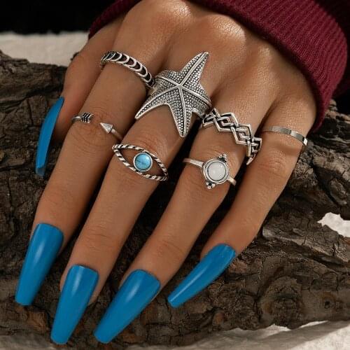 HuaTang 7pcs Vintage Silver Color Star Knuckle Ring Set for Women Geometric Blue Stone Eye Opal Open Finger Ring Jewelry Anillos