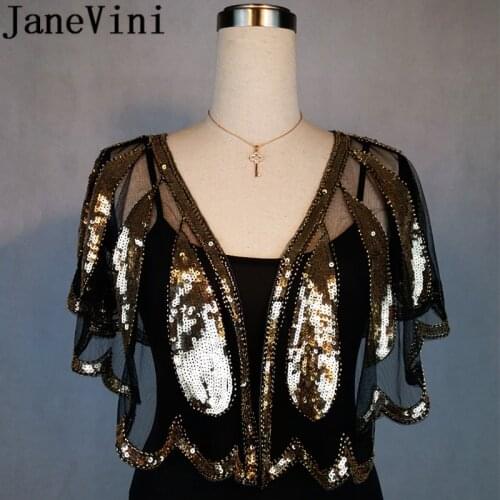 JaneVini Shiny Beading Wedding Capes Shrug Luxury Gold Silver Sequins Women Bolero Bridal Wrap Bride Bolero Novia Cape Mariage