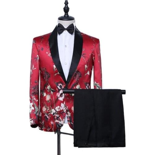 Korean printing blazer men suit set with pants mens wedding suits costume singer star style dance stage clothing formal dress