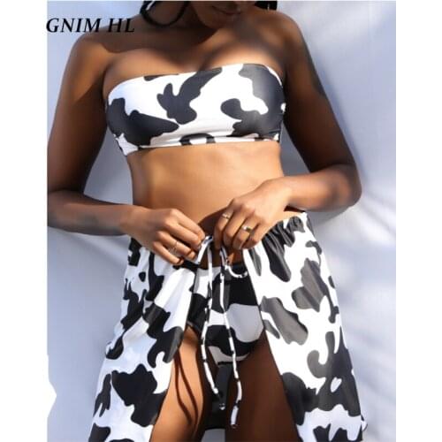 GNIM Three-Pieces Bandeau Bikini Swimwear Women Push Up 2021 Sexy Beachwear Cover Up Womens Swimming Suit Cow Print Swimsuit