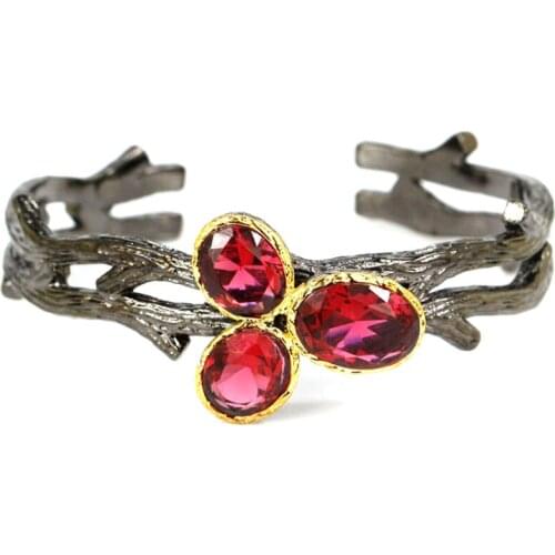 26x24mm Unique Vintage Created Emerald Tanzanite Rhodolite Garnet Tourmaline Black Metal Silver Cuff Bangle Bracelet 6.5-7.0"