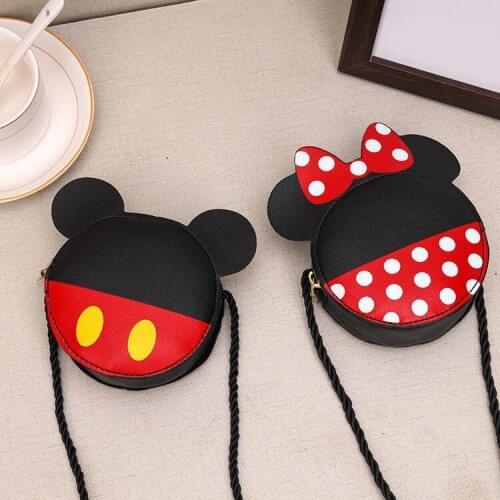 2021 New Childrens Shoulder Bag Cartoon Mickey Minnie Mouse Boy and Girsl Cute Mini Round Coin Purse PU Messenger Bags 4-7 Yrs
