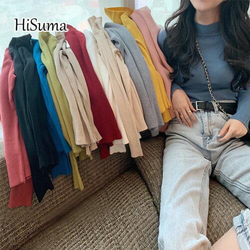 2020 autumn winter new female half high neck long sleeve knit fairy shirt womens chic slim knitted bottom blouses women shirts