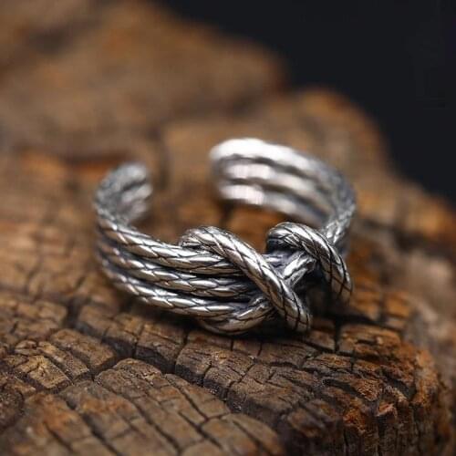 Woven Hemp Rope Geometric Retro Punk Adjustable Silver Color Ring Mens Casual Fashion Simple Jewelry Birthday Anniversary Gifts