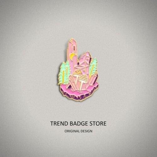 Tall Mushrooms On Crystal Icebergs Under The Stars Hat Badge, Stylish Cartoon Ideas Women Brooch Enamel Label Pins