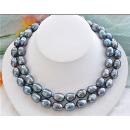 NOBLEST RARE NATURAL 9-10MM SOUTH SEA BLACK BLUE PEARL NECKLACE 32"