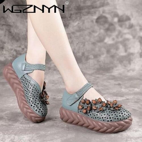 Womens Flat Sandals New Arrival Handmade Flowers Women Genuine PU Leather Sandals Casual Summer Hollow Mother Platform Shoes