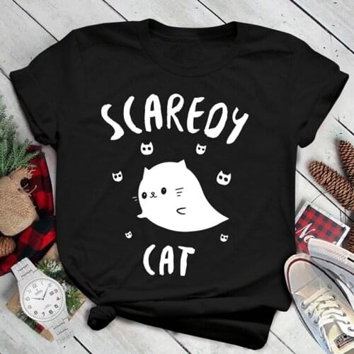 Scaredy Cat Funny Ghost Cat Tee Shirt Top T-shirt Cute Women Halloween Holiday Gift Tshirt