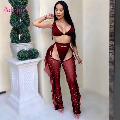 Adogirl Sexy 3 Piece Set Bra Top Thongs Pearls Ruffle Sheer Mesh Pants Night Club Outfits Fashion Bikini Trousers Suit 3 Colors