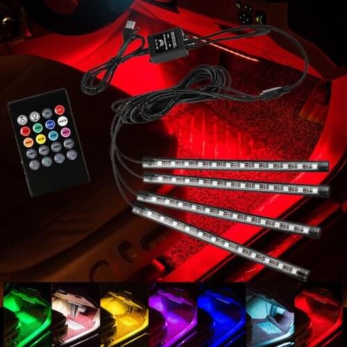 LED Strip Lights Decorative Atmosphere Lamps 48 LED Car Interior RGB Flexible Kits Floor Lights Sound Active Function