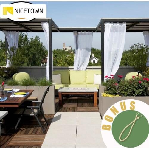 NICETOWN Outdoor Linen Look Drape Curtain with Rope Water Resistant Tab Top White Semi-Sheer Voile Drape for Beach Garden Gazebo