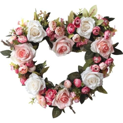 Vintage Art Simulation Rose Flowers Wreath Heart-Shaped Garland For Home Wedding Decoration