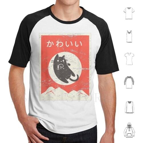 Vintage Japanese Cat " Kawaii " Anime T Shirt DIY Big Size 100% Cotton Cat Kawaii Sweater K Pop Women Wrist Watch Funny Vintag