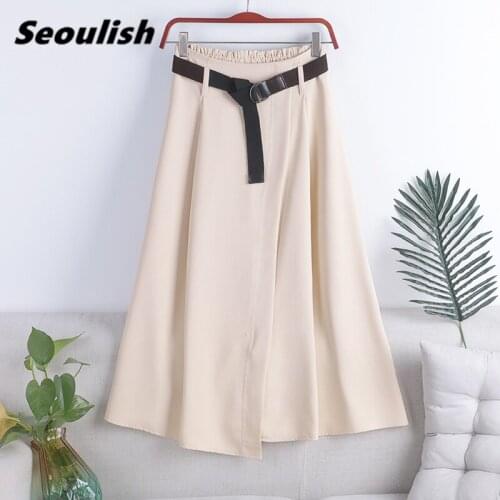 Seoulish 2021 New Solid Womens Long Skirts with Belted High Waist Vintage A-Line Female Umbrella Skirts Ladies Spring Summer