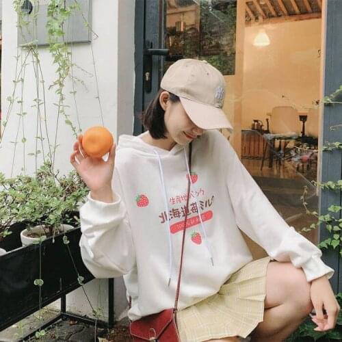 Women Sweatshirt Harajuku Kawaii Strawberry Milk Graphic Hoodie Women Streetwear Winter Plus Size Loose Thin Hoodie Cute Clothes