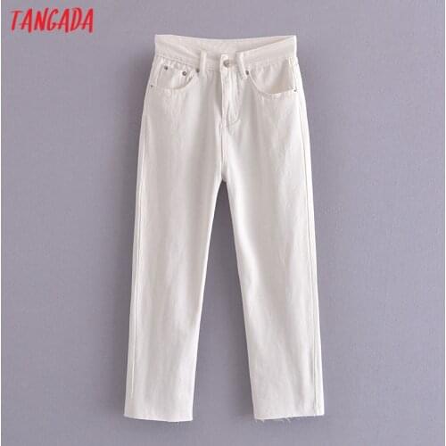 Tangada 2021 Fashion Women White High Street Jeans Pants Long Trousers Pockets Buttons Female Pants SW14