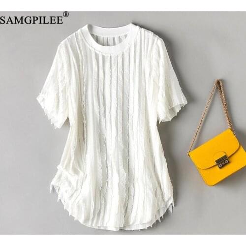 Summer Tshirts For Women 2021 New Korean Style Plus Size Casual Broadcloth Short Sleeve Tassel Solid O-neck Oversized T Shirts