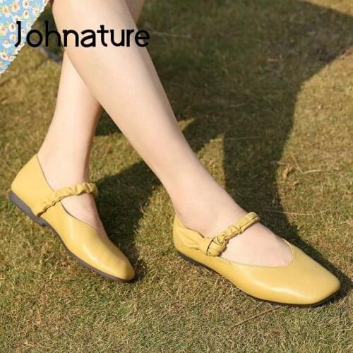 Johnature Flats Women Shoes Round Toe Genuine Leather Spring/Autumn 2021 New Handmade Concise Retro Shallow Sewing Ladies Shoes