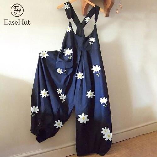 EaseHut 3XL Plus Size Elegant Summer Jumpsuit 2020 Floral Print Sleeveless Overalls for Women Wide Legs Cotton Linen Jumpsuit