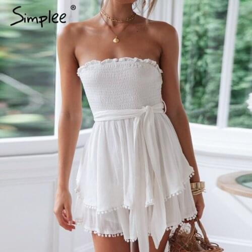 Simplee Off shoulder ruched women linen jumpsuit Summer tassel white cotton backless romper Sexy holiday beach overall jumpsuits