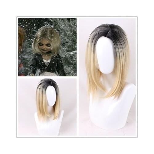 Movie Bride of Chucky Women Blonde Black Middle Parting Role Play Jennifer Tilly Heat Resistant Cosplay Costume Wig + Wig Cap