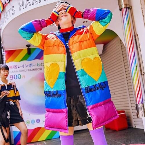 Female Winter New Two Side Wear Down Jacket Women Fashion Letter Print Rainbow Parkas Long Sleeve Hooded Casual Loose Coat Z907