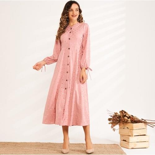 New Product Fashion Hot Stamping Wave Point Slim Long V-neck Long-sleeved Bow Sweet and Elegant A-line Woman Pink Dress
