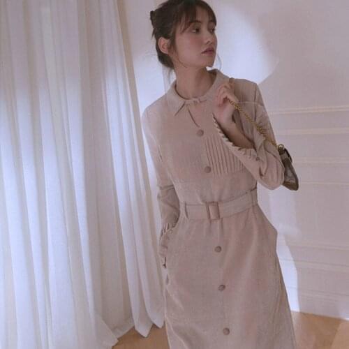 Elegant Casual Beige Midi Long Flare Sleeve Autumn Dress Women Corduroy Pleated Single Breaste Waisted Dresses OL Robe Hiver