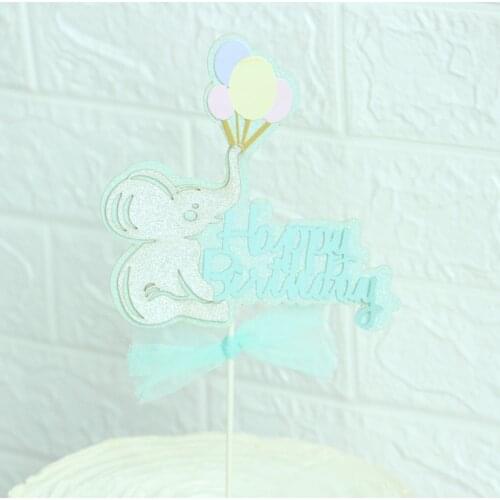 2021 New Elephant Pink Blue Birthday Cupcake Topper Supplies for Baby Birthday Party Cake Decorations Happy Birthday Cake Topper