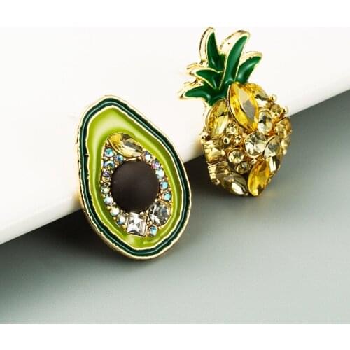 Sweet Pineapple Avocado Asymmetric Drop Earrings for Women Girl Gold Color Alloy Shiny Rhinestones Dangle Earrings Party Jewelry