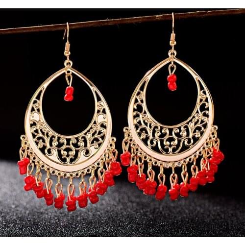 Bohemian Big Water Drop Beads Tassel Earrings For Women Indian Fashion Jewelry Brinco 2019 Statement Hollow Carved Earrings