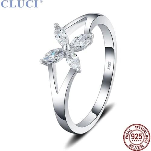 CLUCI 925 Sterling Silver White Cubic Zircon Wedding Ring for Women Valentine Gift Real Silver 925 Bloom Girls Ring DR1064SB