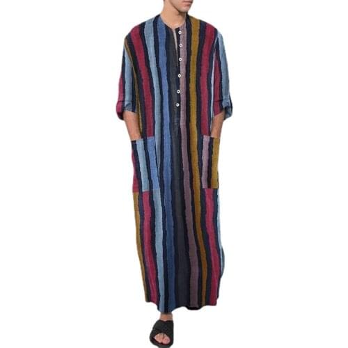 Plus Size Muslim Jubba Thobe Caftan Striped Vintage Long Sleeve Pockets Button Robes Fashion Dubai Men Islamic Arab Kaftan Abaya
