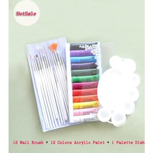 Hot Sale Professional Acrylic Nail Set 15pcs Nail Art Brush 12 Colors Acrylic Paint Nail Art Polish 1pcs Color Palette Dish