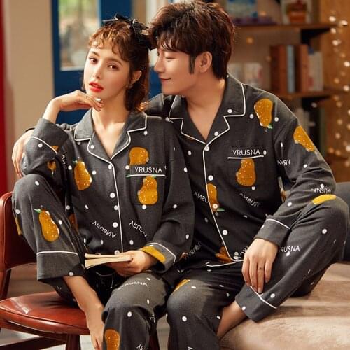 2020 new Cute Print Sleepwear Cotton Pajamas Couple Set Long Button-Down Pyjamas Suit Pijama Women Men Loungewear Plus Size Set