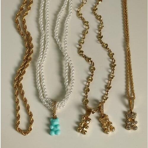 New Colorful Bear Pearl Zircon Choker Smiley Metal Chain Necklace For Women Cartoon Pendant Crystal Necklace Daily Party Jewelry