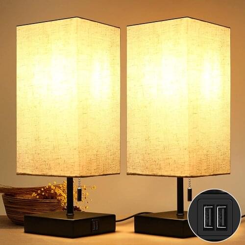 Bedside Table Lamp, with2 Useful USB Ports & One Outlet,Black Charger Base with Beige Fabric Shade, Modern Desk Lamp for Bedroom